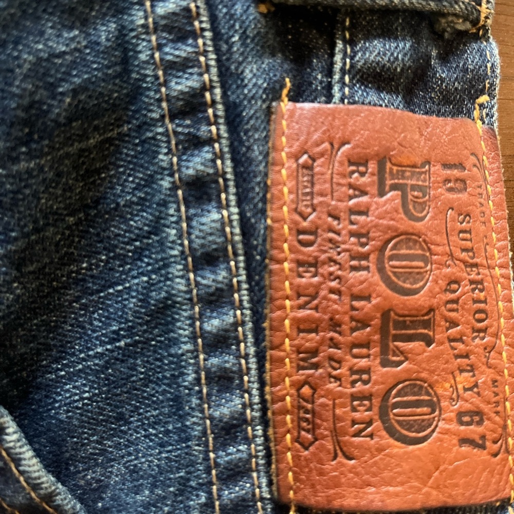 Ralph Lauren Men’s Dark Blue Denim Jeans with Brown Leather Patch